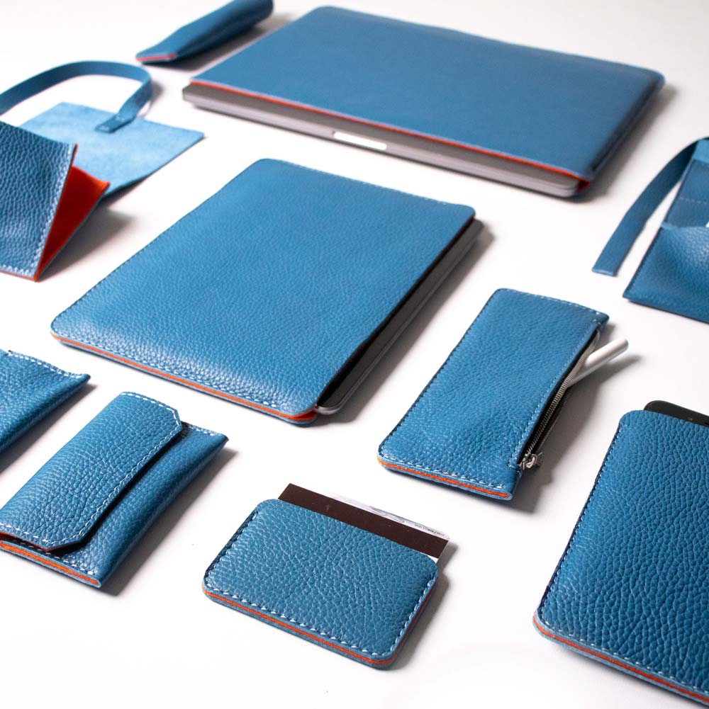 Leather iPad Air 13" Sleeve -  Turquoise Blue and Orange - Image 4