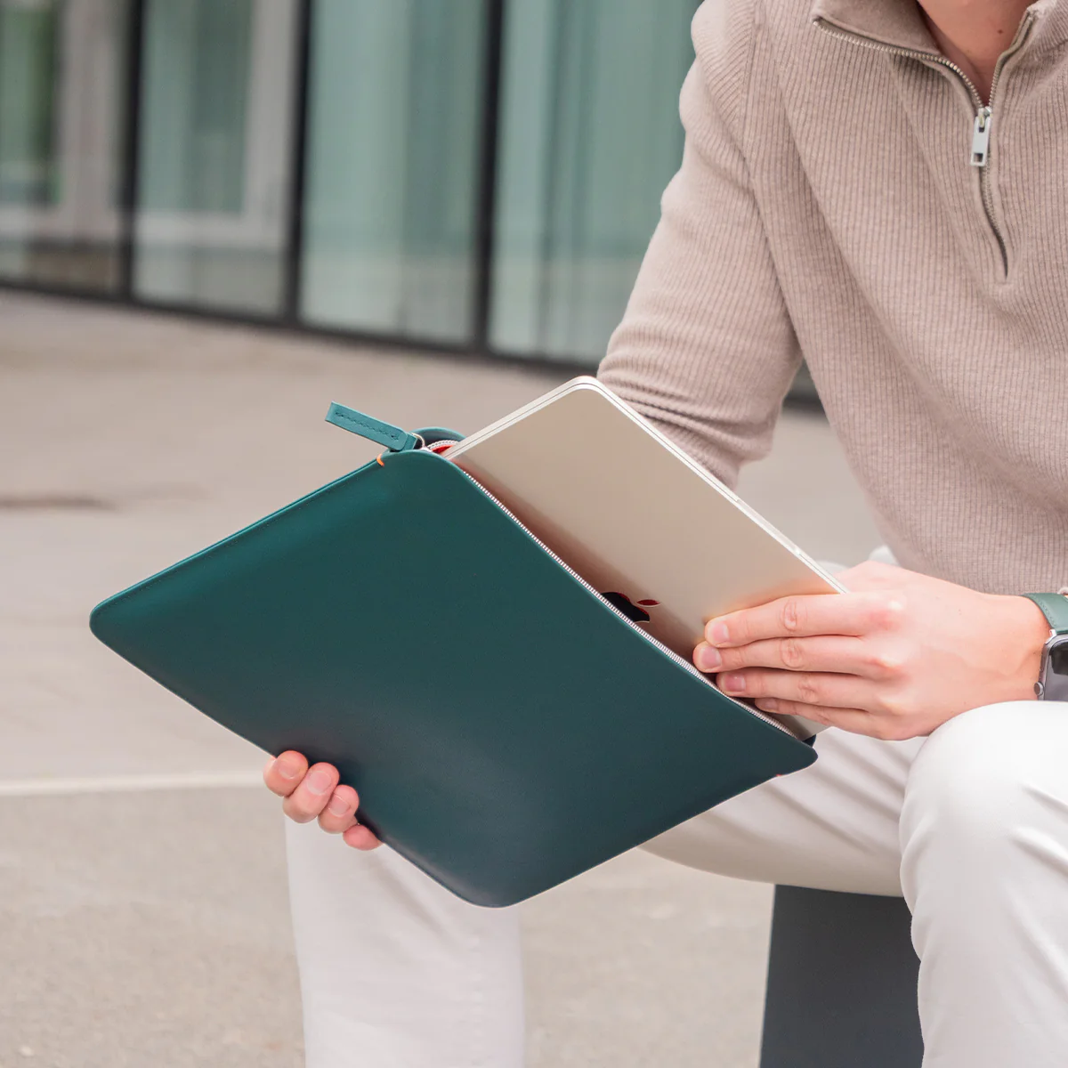 Luxury Nappa Leather MacBook Pro 16" sleeve with zip - Avocado Green - Image 8