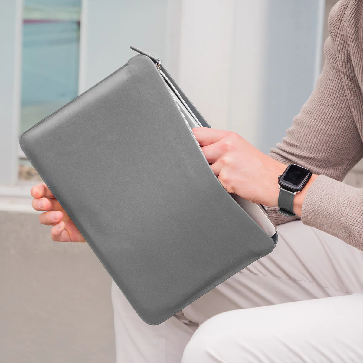 Luxury Nappa Leather iPad Air 11" sleeve with zip - Grey - Image 8