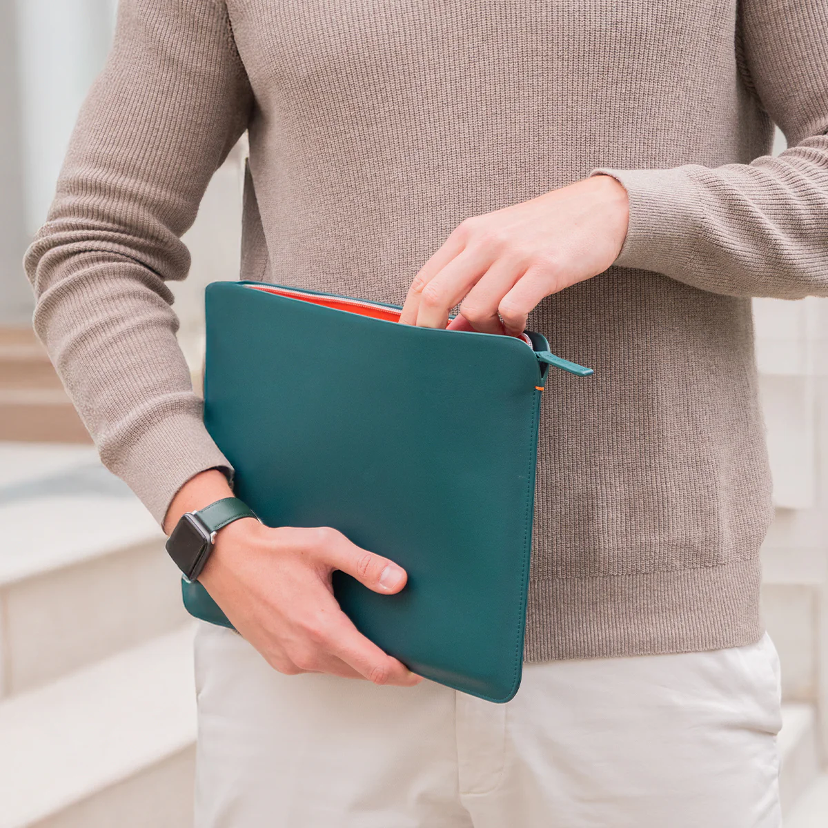 Luxury Nappa Leather MacBook Pro 14" sleeve with zip - Avocado Green - Image 7