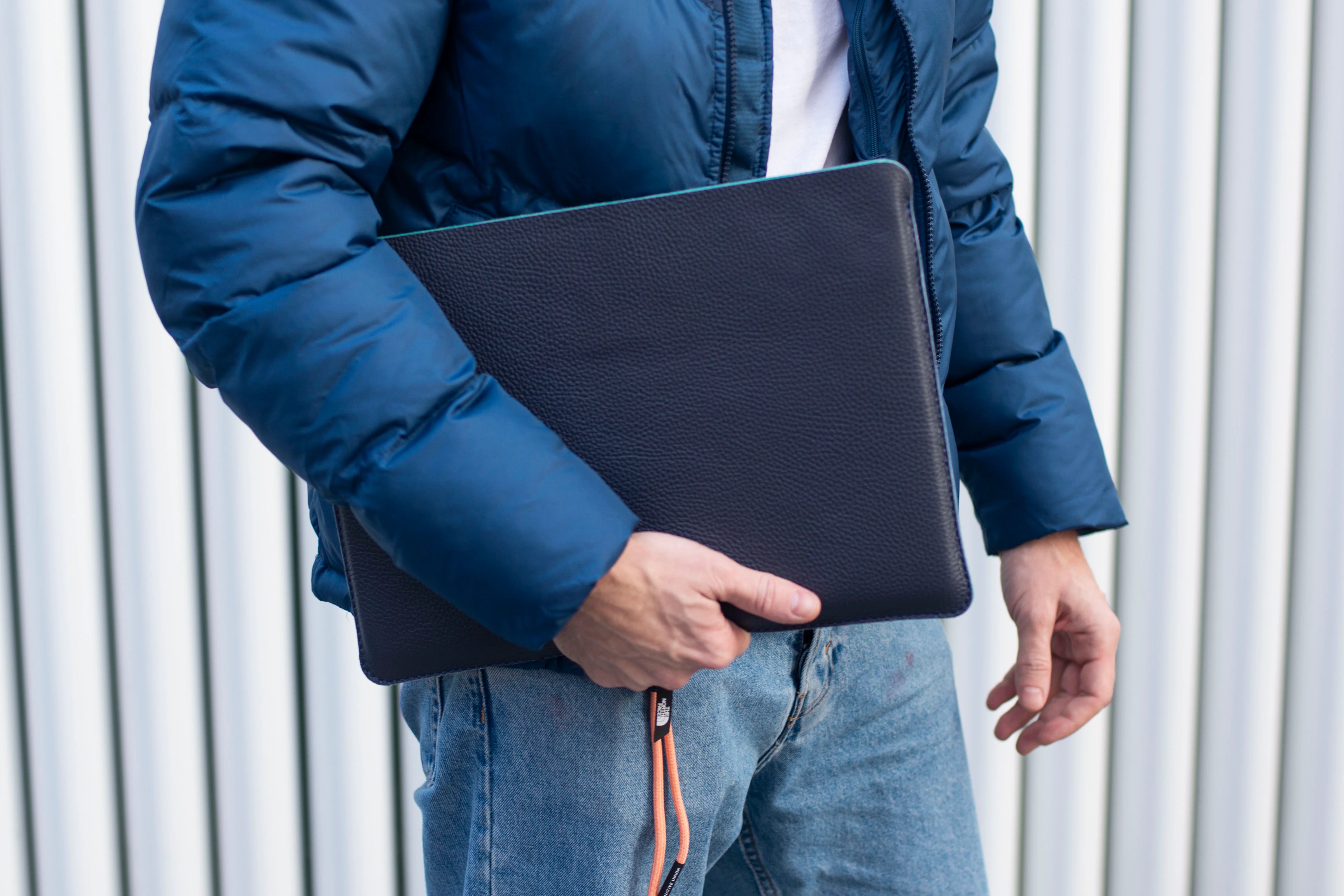 Luxury Leather Macbook Pro 14" Sleeve - Navy Blue and Mint - Image 7