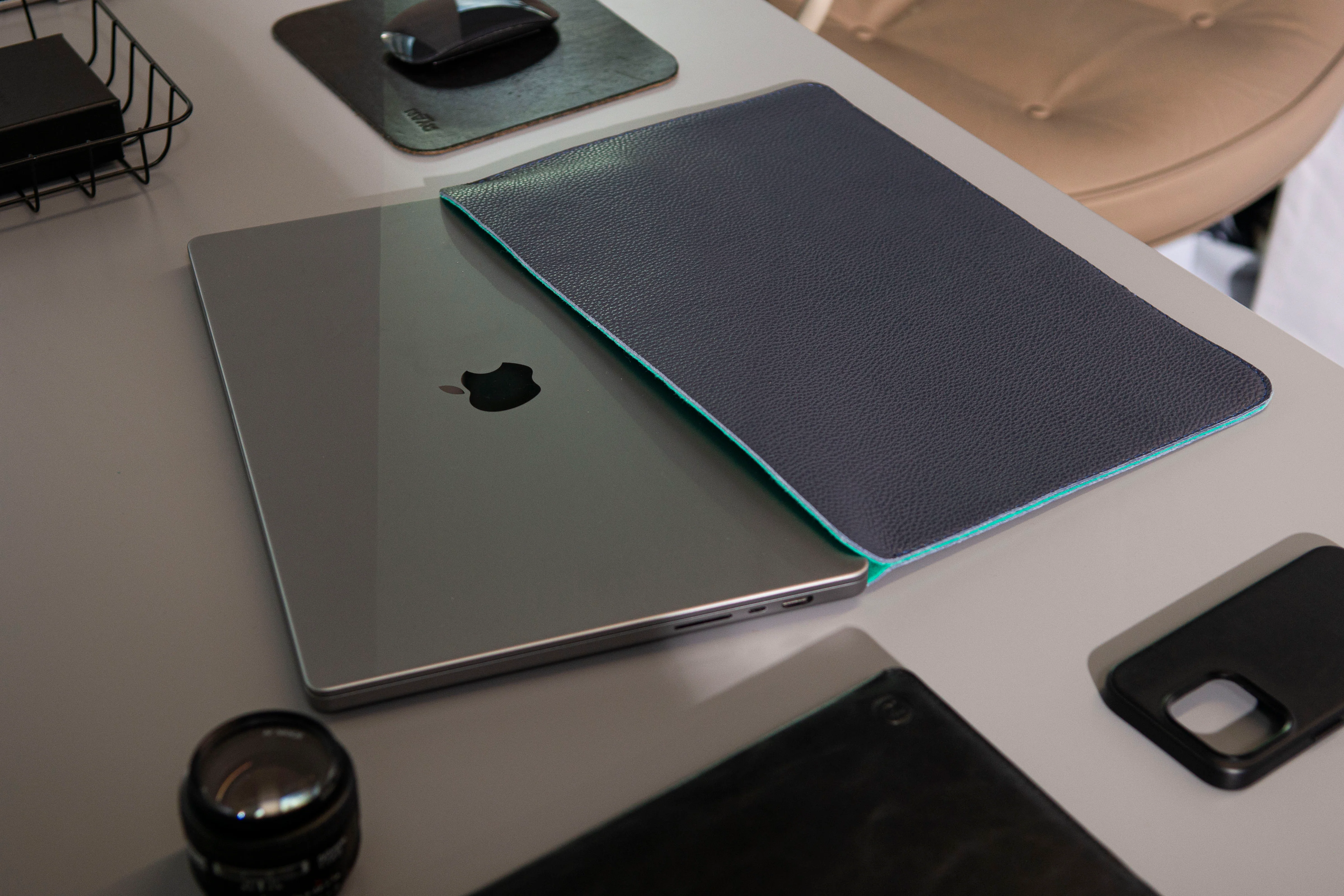 Luxury Leather Macbook Pro 14" Sleeve - Navy Blue and Mint - Image 9